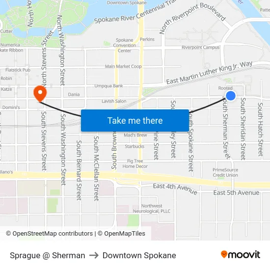 Sprague @ Sherman to Downtown Spokane map