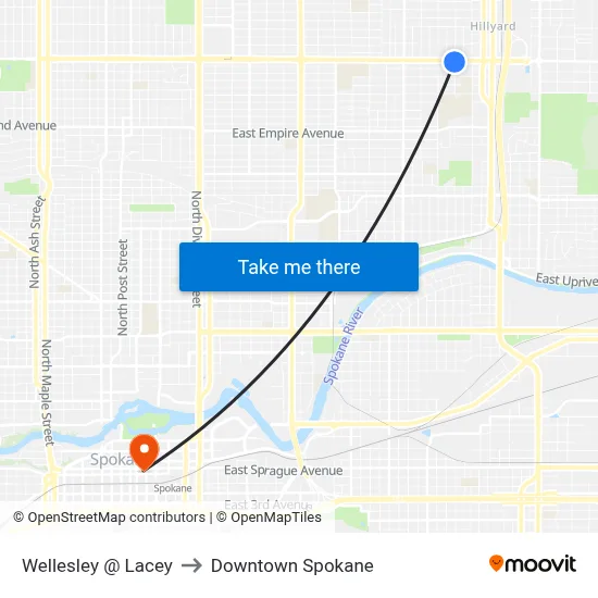 Wellesley @ Lacey to Downtown Spokane map