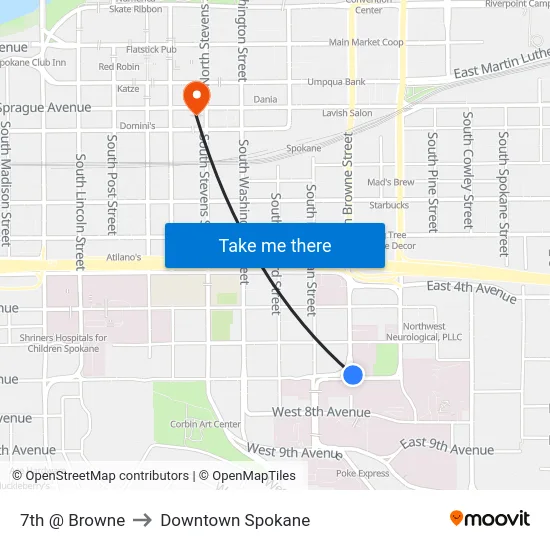 7th @ Browne to Downtown Spokane map