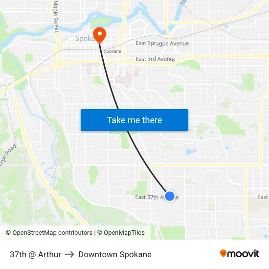 37th @ Arthur to Downtown Spokane map