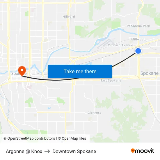 Argonne @ Knox to Downtown Spokane map
