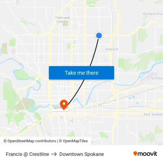 Francis @ Crestline to Downtown Spokane map