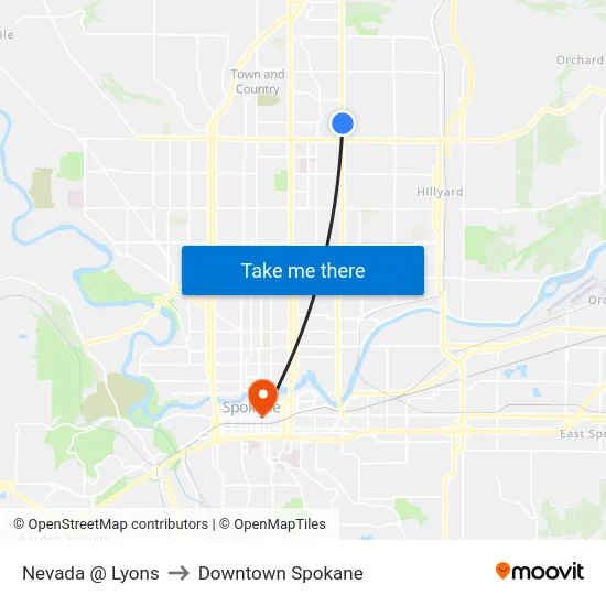 Nevada @ Lyons to Downtown Spokane map