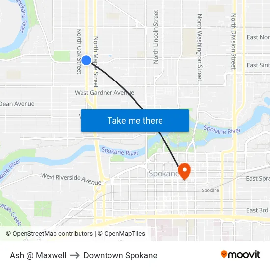 Ash @ Maxwell to Downtown Spokane map