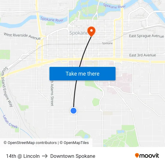 14th @ Lincoln to Downtown Spokane map
