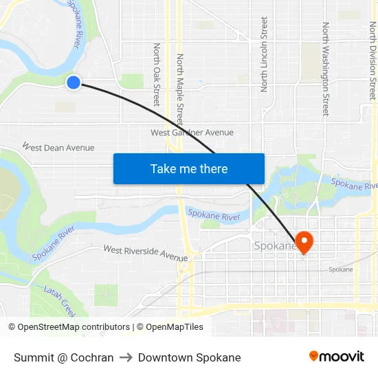 Summit @ Cochran to Downtown Spokane map