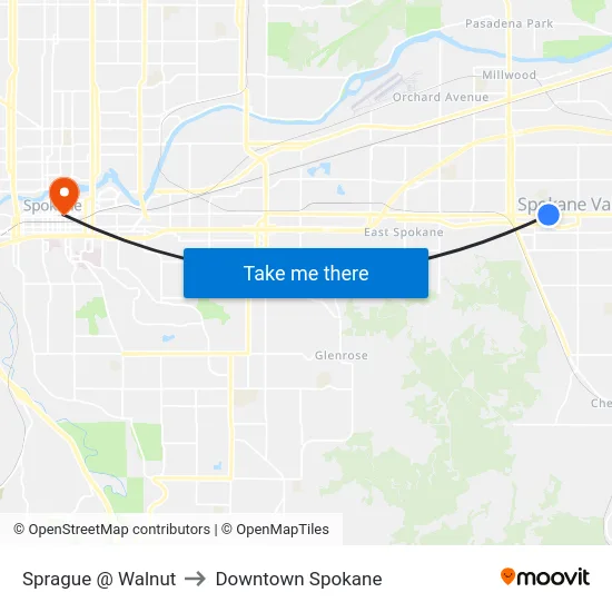 Sprague @ Walnut to Downtown Spokane map