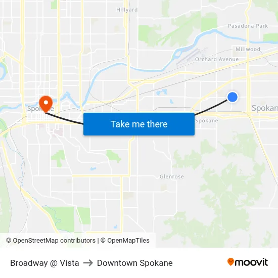 Broadway @ Vista to Downtown Spokane map