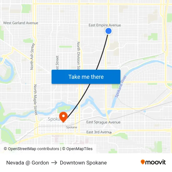 Nevada @ Gordon to Downtown Spokane map