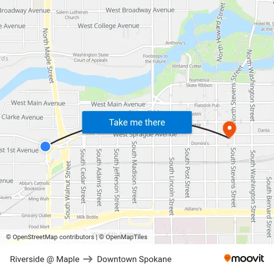 Riverside @ Maple to Downtown Spokane map
