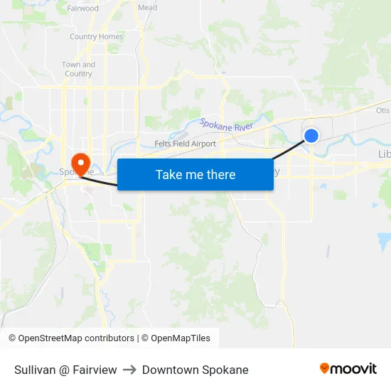 Sullivan @ Fairview to Downtown Spokane map