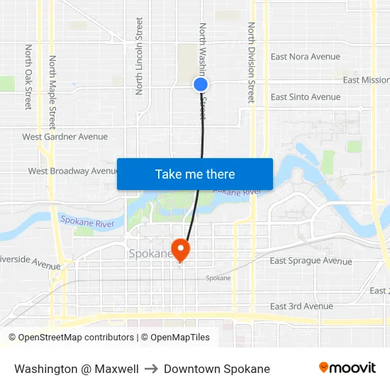 Washington @ Maxwell to Downtown Spokane map