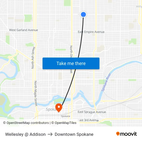 Wellesley @ Addison to Downtown Spokane map