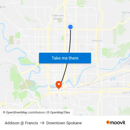 Addison @ Francis to Downtown Spokane map