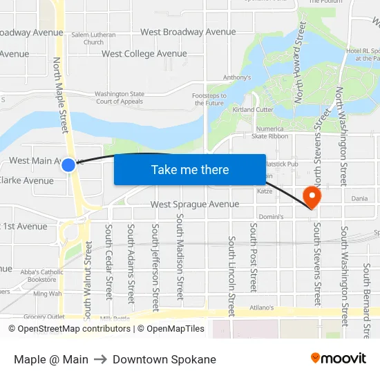 Maple @ Main to Downtown Spokane map