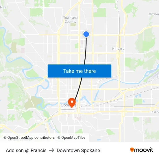 Addison @ Francis to Downtown Spokane map