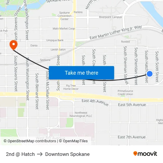2nd @ Hatch to Downtown Spokane map