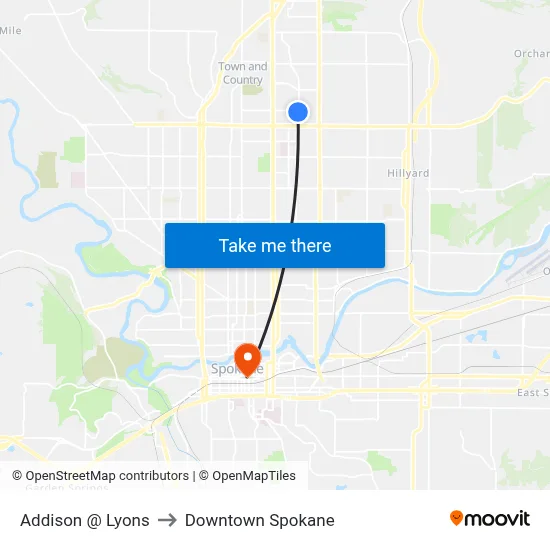 Addison @ Lyons to Downtown Spokane map