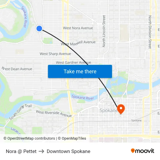 Nora @ Pettet to Downtown Spokane map