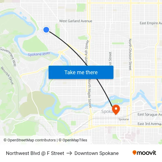 Northwest Blvd @ F Street to Downtown Spokane map