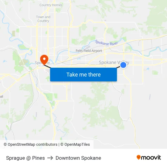 Sprague @ Pines to Downtown Spokane map