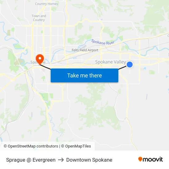 Sprague @ Evergreen to Downtown Spokane map