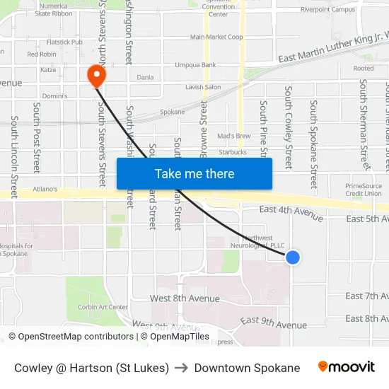 Cowley @ Hartson (St Lukes) to Downtown Spokane map