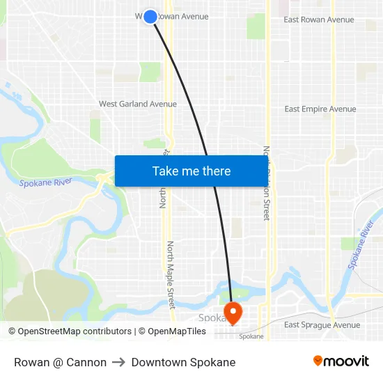 Rowan @ Cannon to Downtown Spokane map