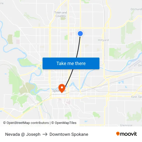 Nevada @ Joseph to Downtown Spokane map