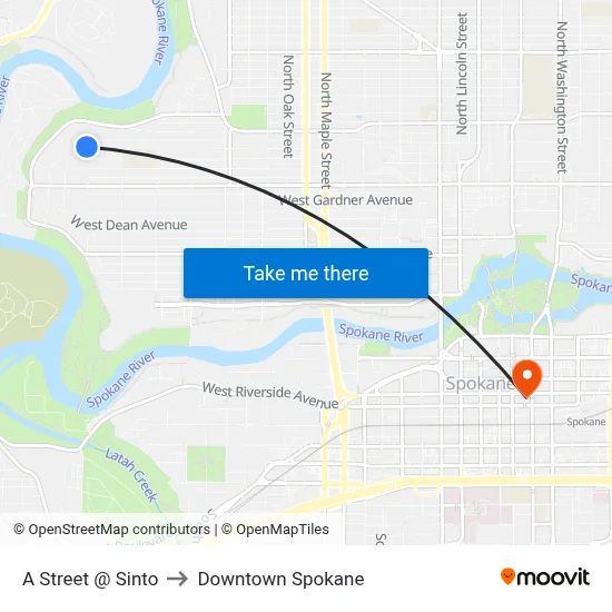 A Street @ Sinto to Downtown Spokane map