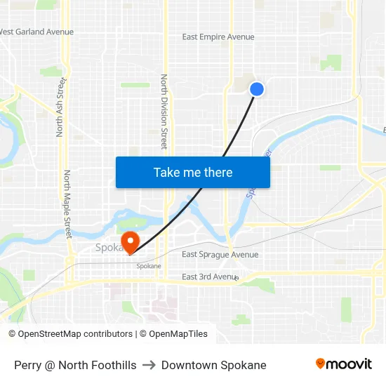 Perry @ North Foothills to Downtown Spokane map