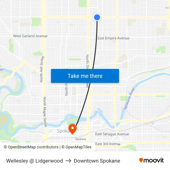 Wellesley @ Lidgerwood to Downtown Spokane map