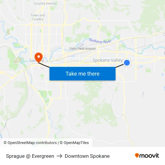 Sprague @ Evergreen to Downtown Spokane map