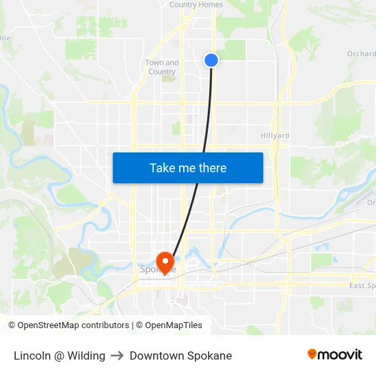 Lincoln @ Wilding to Downtown Spokane map
