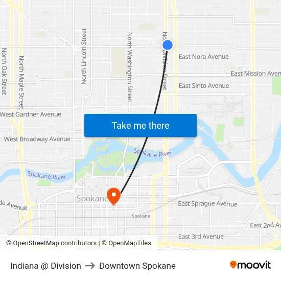 Indiana @ Division to Downtown Spokane map