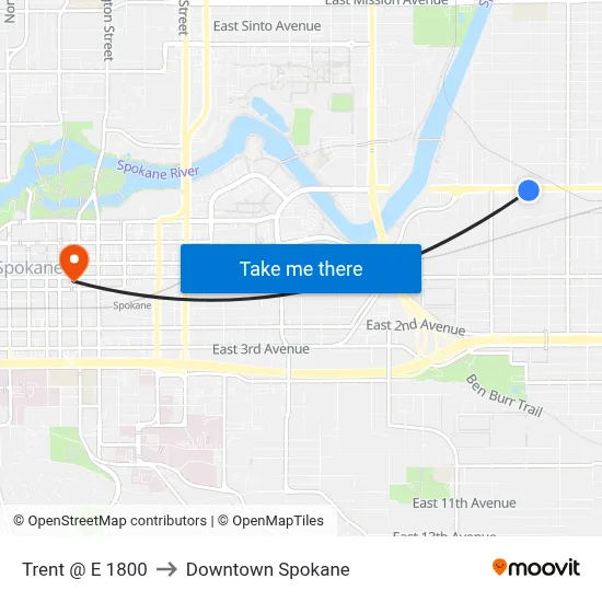 Trent @ E 1800 to Downtown Spokane map