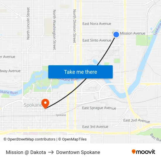 Mission @ Dakota to Downtown Spokane map
