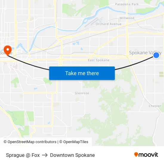 Sprague @ Fox to Downtown Spokane map