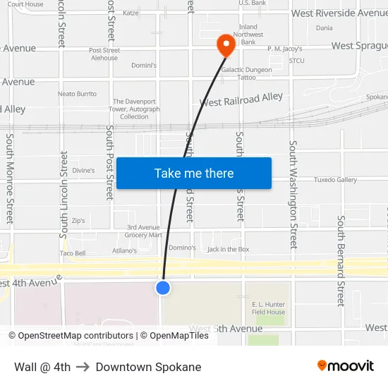 Wall @ 4th to Downtown Spokane map