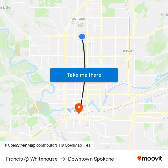 Francis @ Whitehouse to Downtown Spokane map