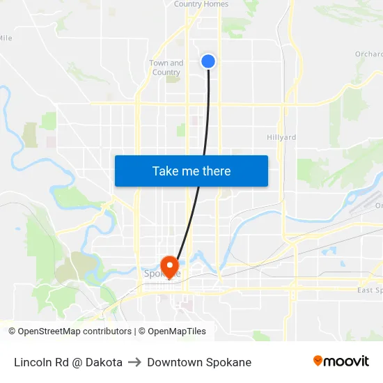 Lincoln Rd @ Dakota to Downtown Spokane map