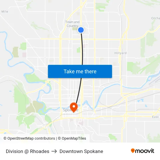 Division @ Rhoades to Downtown Spokane map