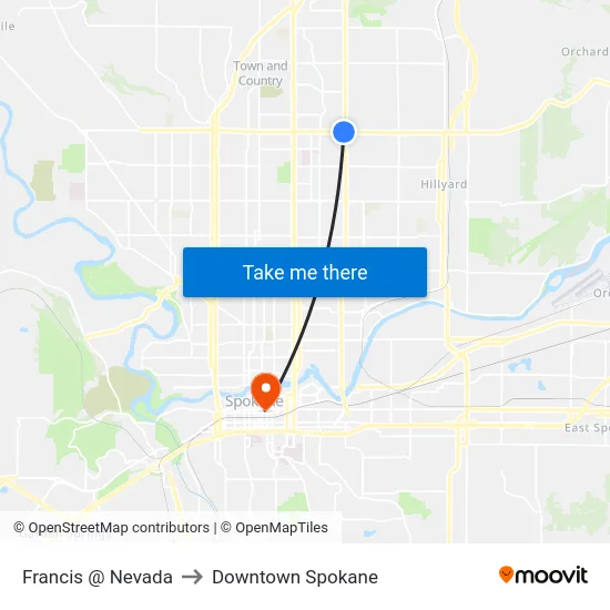 Francis @ Nevada to Downtown Spokane map