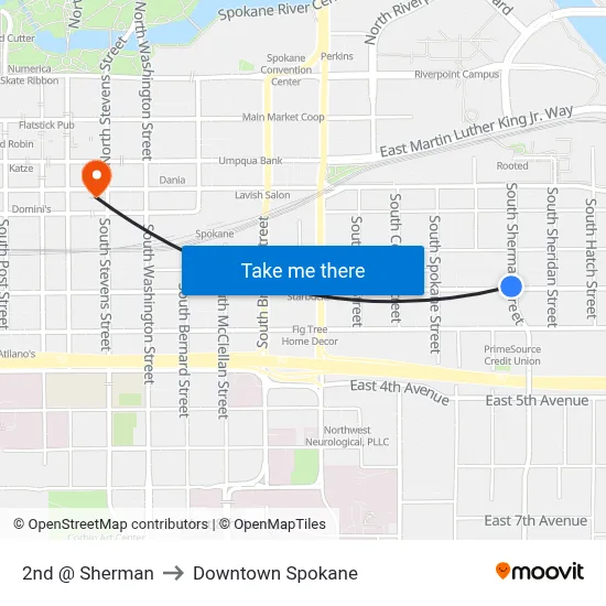 2nd @ Sherman to Downtown Spokane map