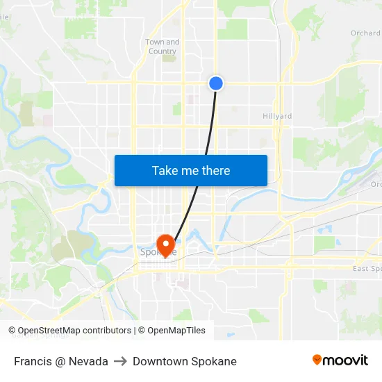 Francis @ Nevada to Downtown Spokane map