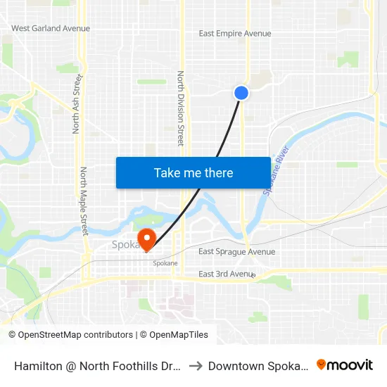Hamilton @ North Foothills Drive to Downtown Spokane map