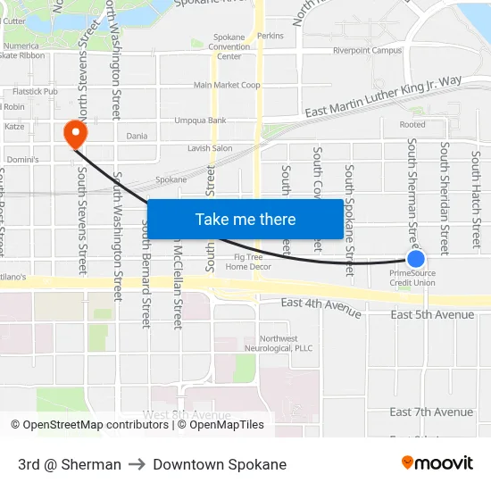 3rd @ Sherman to Downtown Spokane map