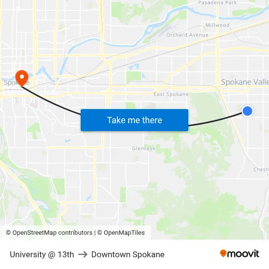 University @ 13th to Downtown Spokane map