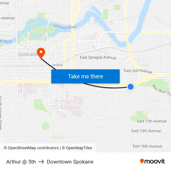 Arthur @ 5th to Downtown Spokane map