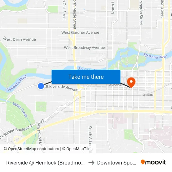 Riverside @ Hemlock (Broadmoor Apt) to Downtown Spokane map